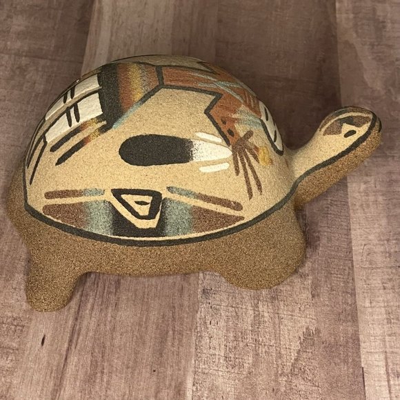 Vtg 80s Native Sand Art Painting Turtle Tortoise w Yei Figure Southwest 6” L - Picture 3 of 16